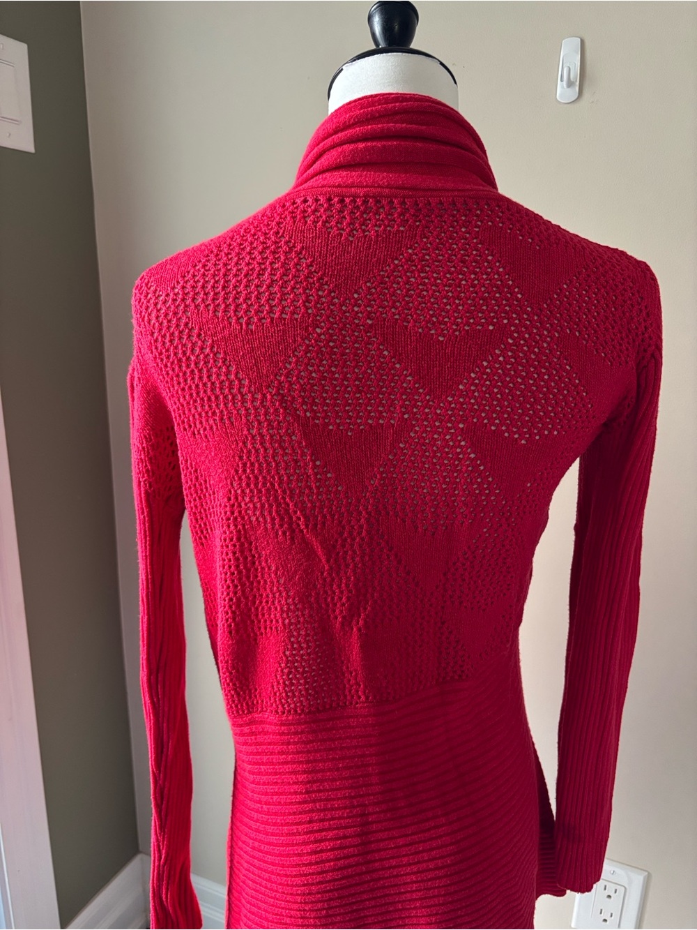 Open-Front Red Ribbed Draped Cardigan Sweater - Picture 5 of 5
